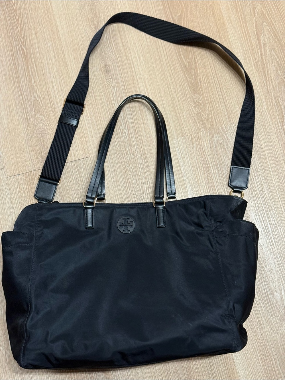 Tory Burch Black Nylon Laptop Tote with Leather Handles and Crossbody Strap